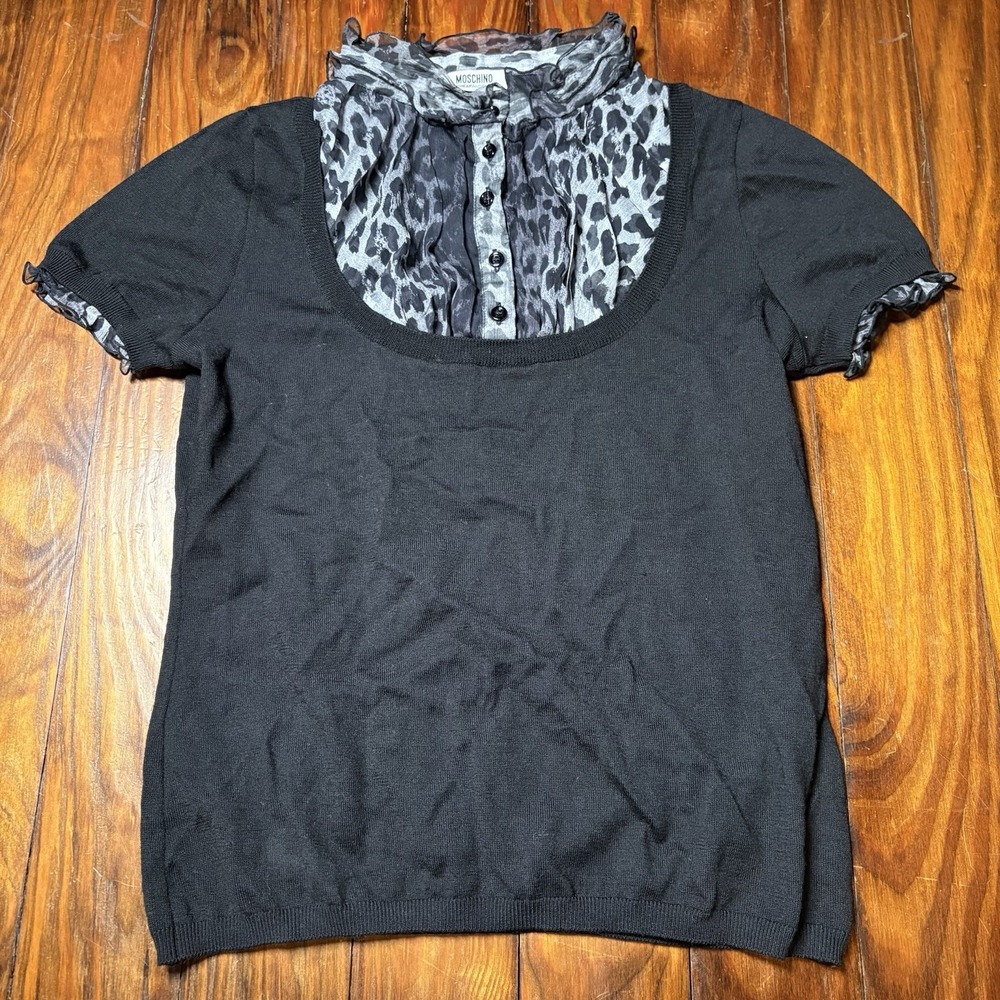 Moschino Cheap & Chic Black Gray Leopard Print Layered Top Animal Fun Sz 8 A1633